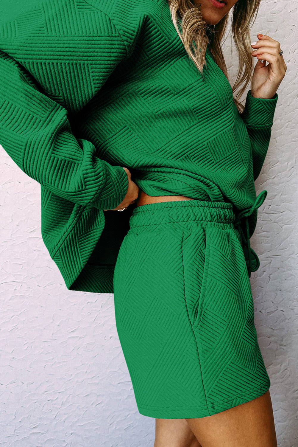 Green Textured Long Sleeve Top and Drawstring Shorts Set | JB Boutique |