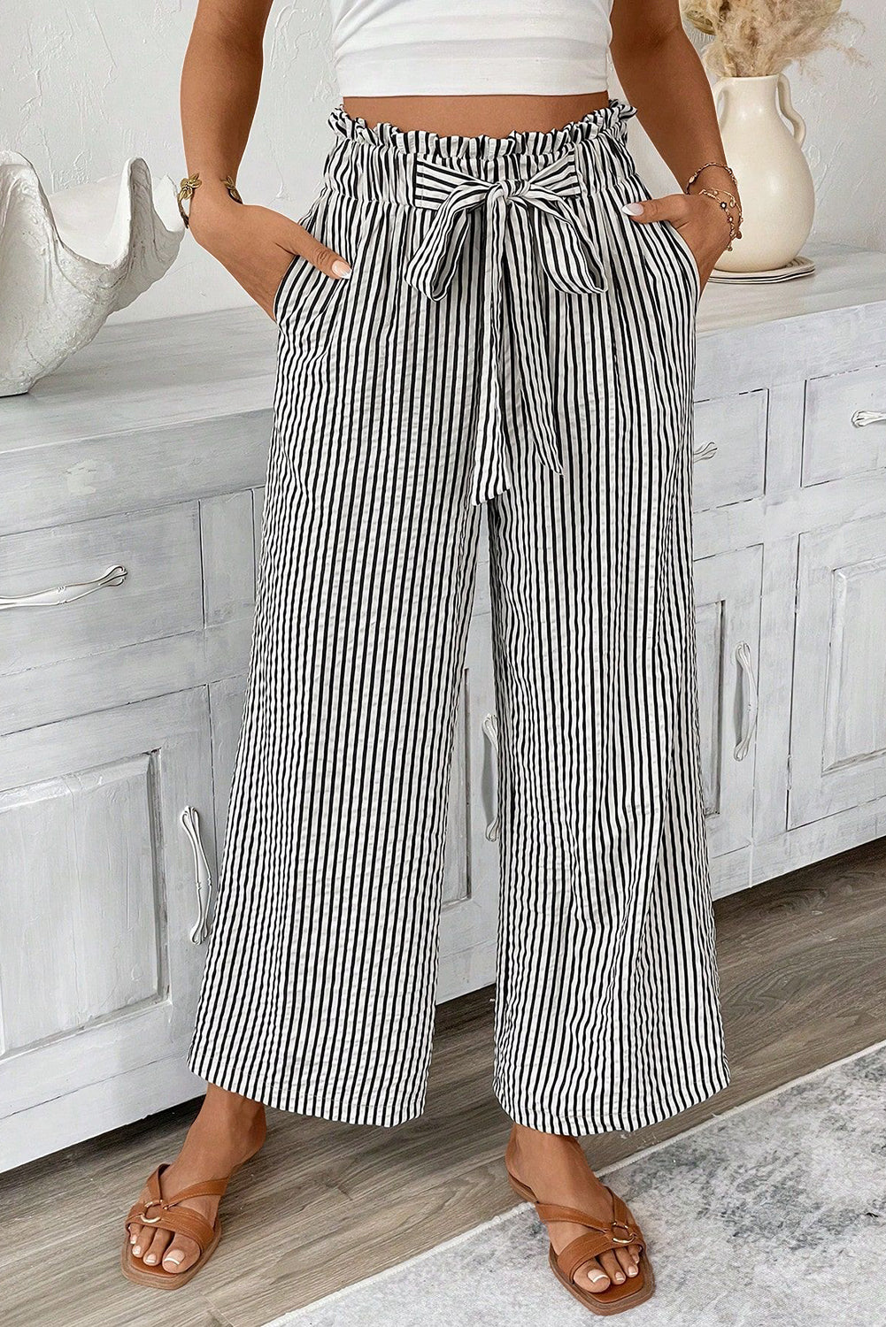 Black Stripe Tied High Waist Loose Straight Casual Pants | JB Boutique|
