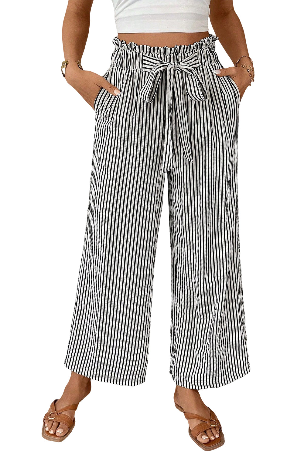 Black Stripe Tied High Waist Loose Straight Casual Pants | JB Boutique|