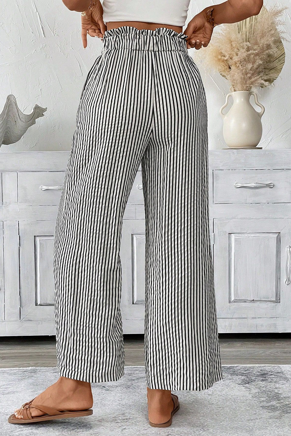 Black Stripe Tied High Waist Loose Straight Casual Pants | JB Boutique|