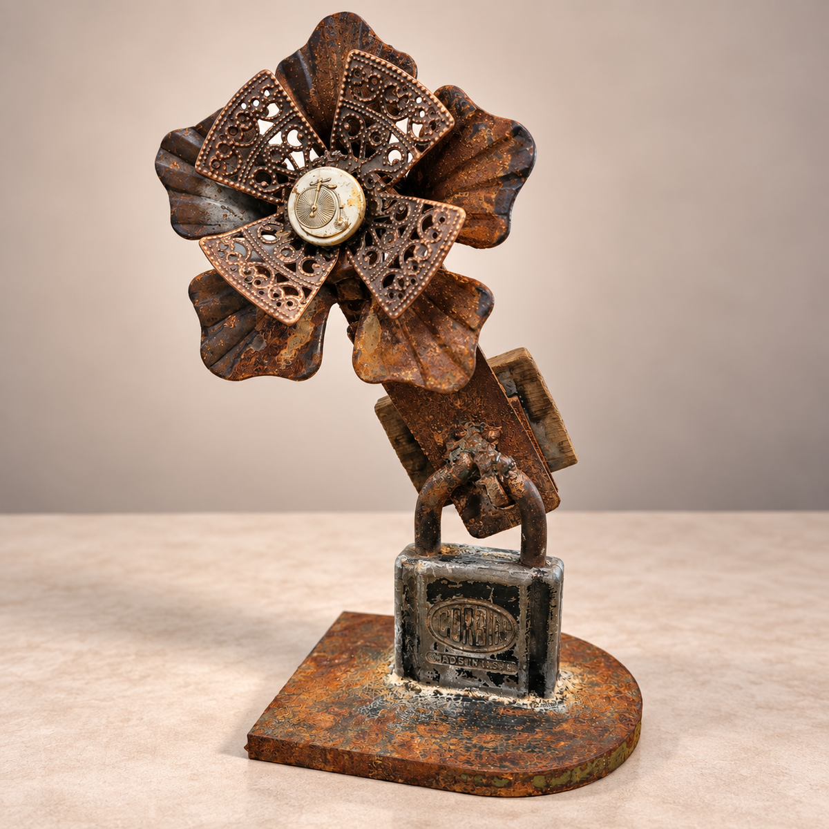 Locked in Bloom metal flower sculpture with vintage Corbin padlock and filigree