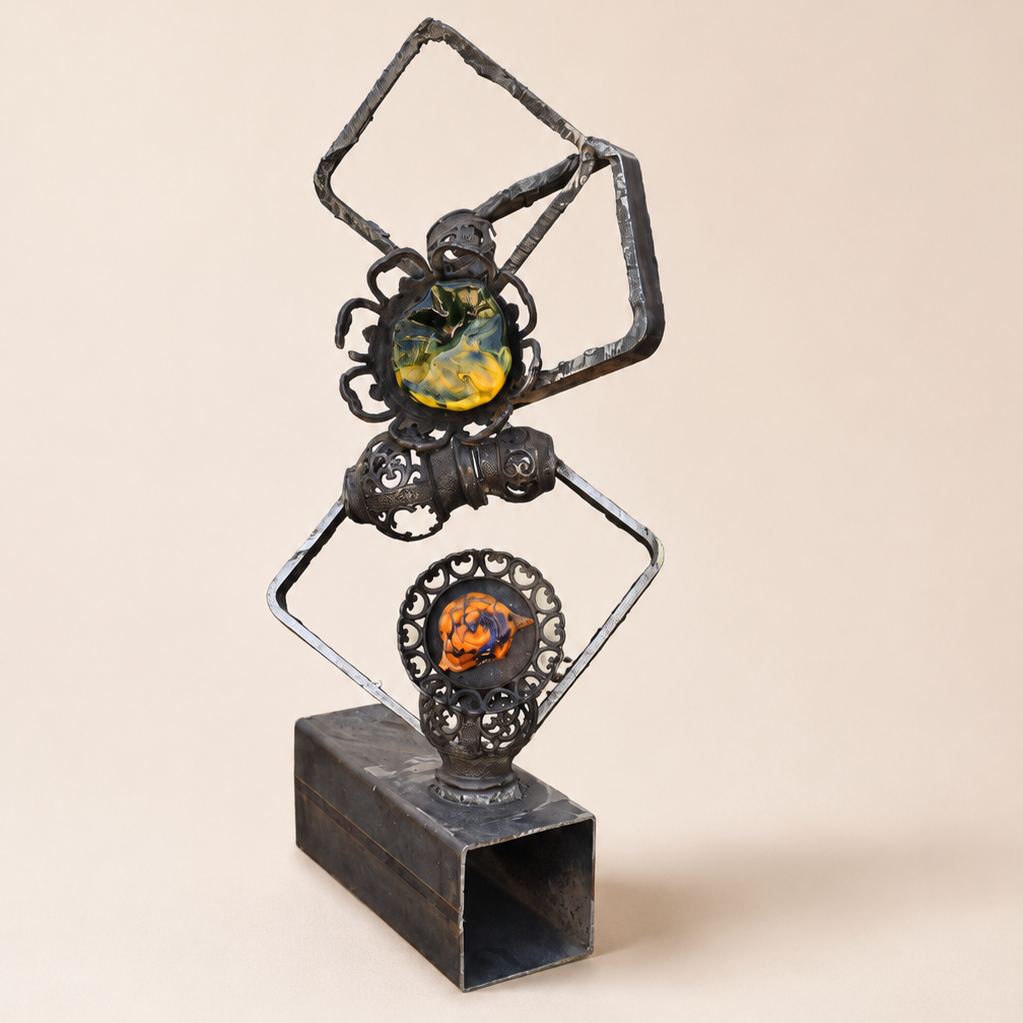 Molten Geometry steel and glass sculpture
