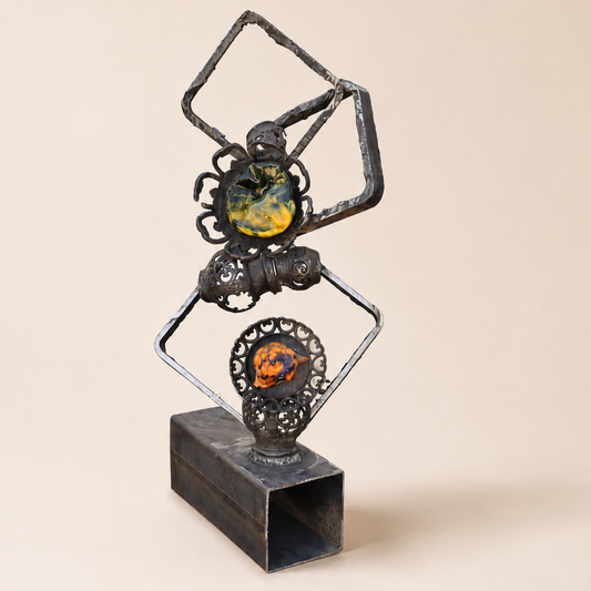 Molten Geometry steel and glass sculpture
