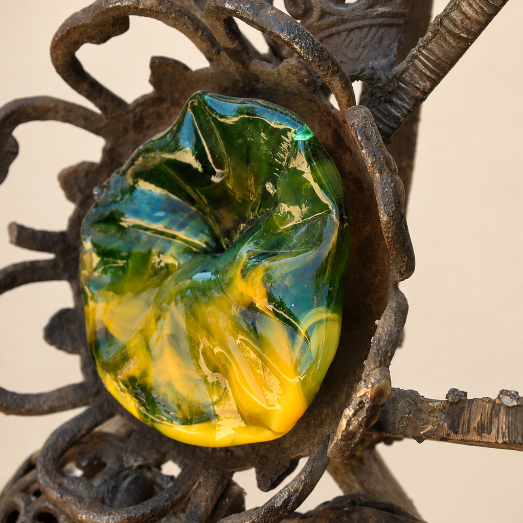 Second view of Molten Geometry steel and glass sculpture
