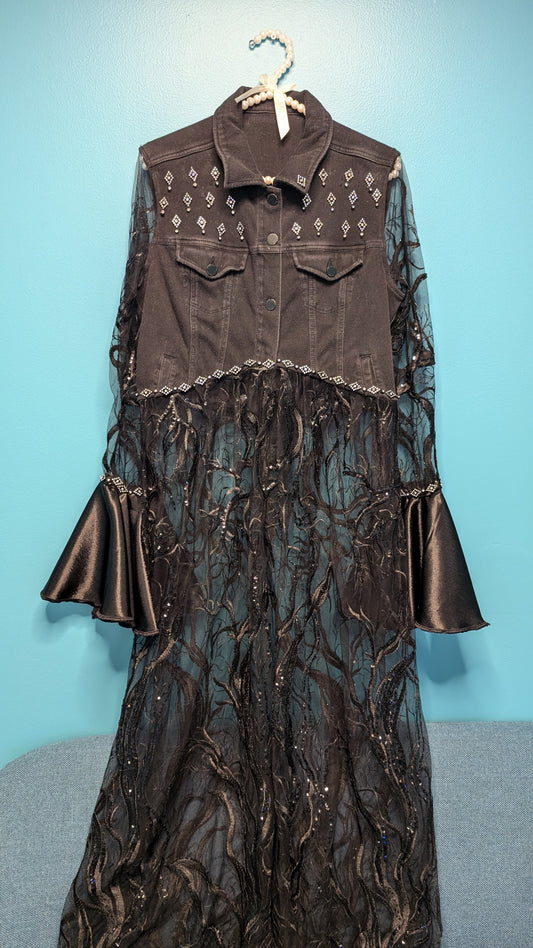 1020 Black Full Length Lace Tree Accented Denim Jacket - Bougie Denim Couture