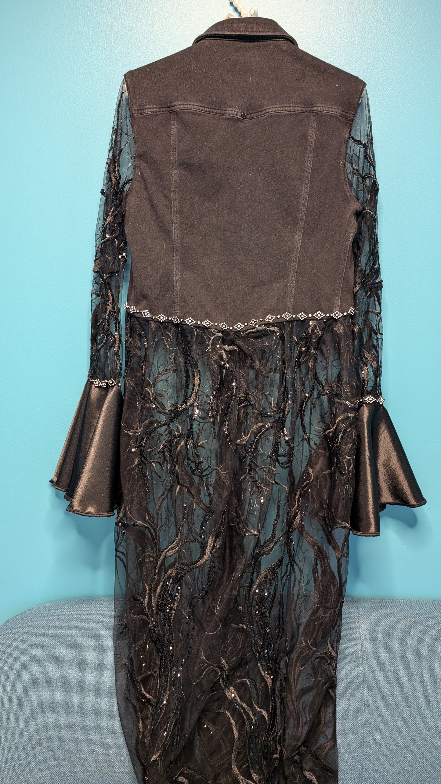 1020 Black Full Length Lace Tree Accented Denim Jacket - Bougie Denim Couture
