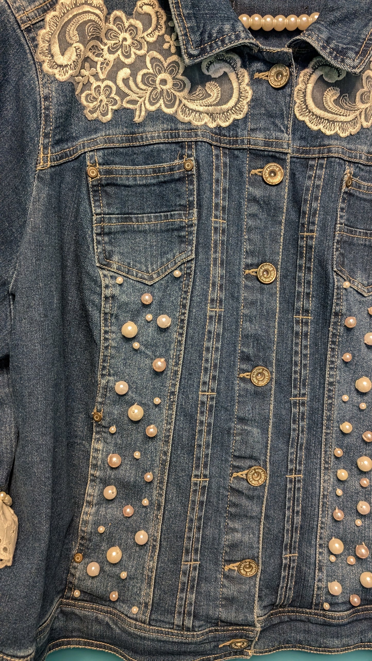 1019 Denim Jacket with Lace and Pearl Trim - Bougie Denim Couture