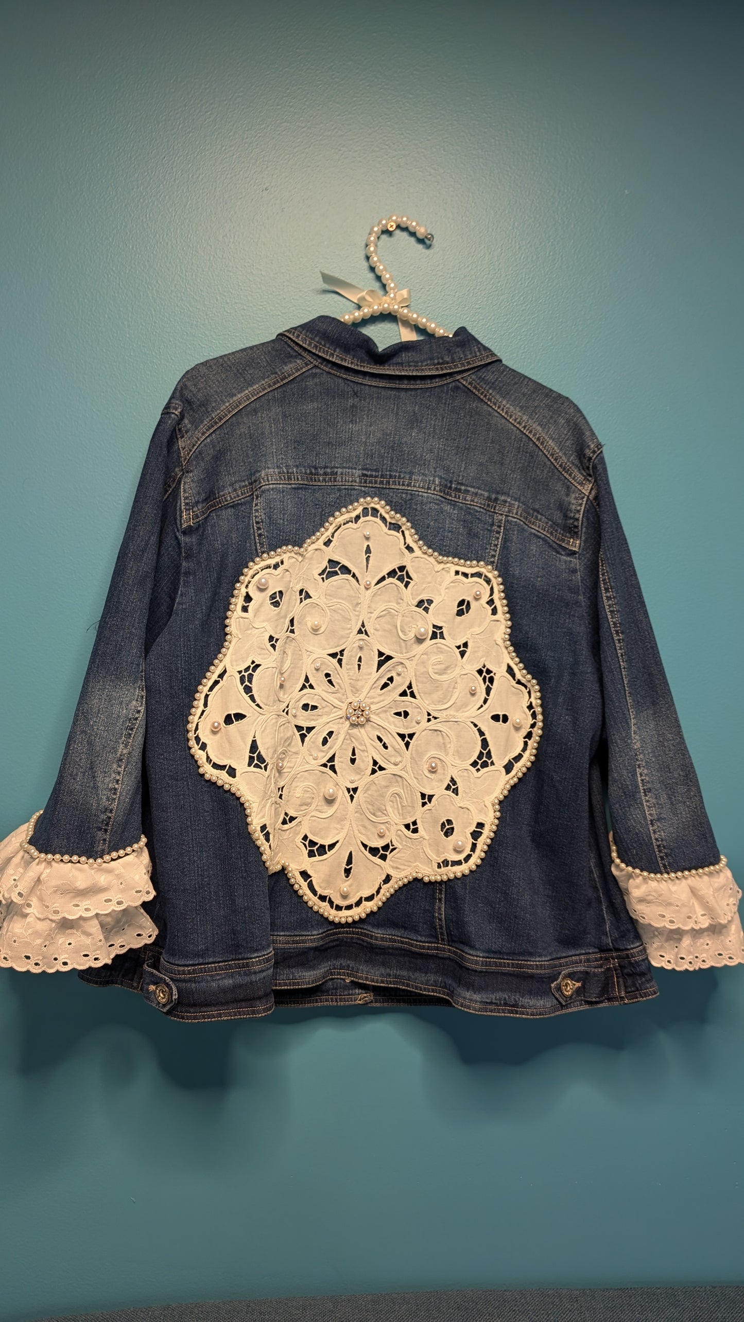 1019 Denim Jacket with Lace and Pearl Trim - Bougie Denim Couture
