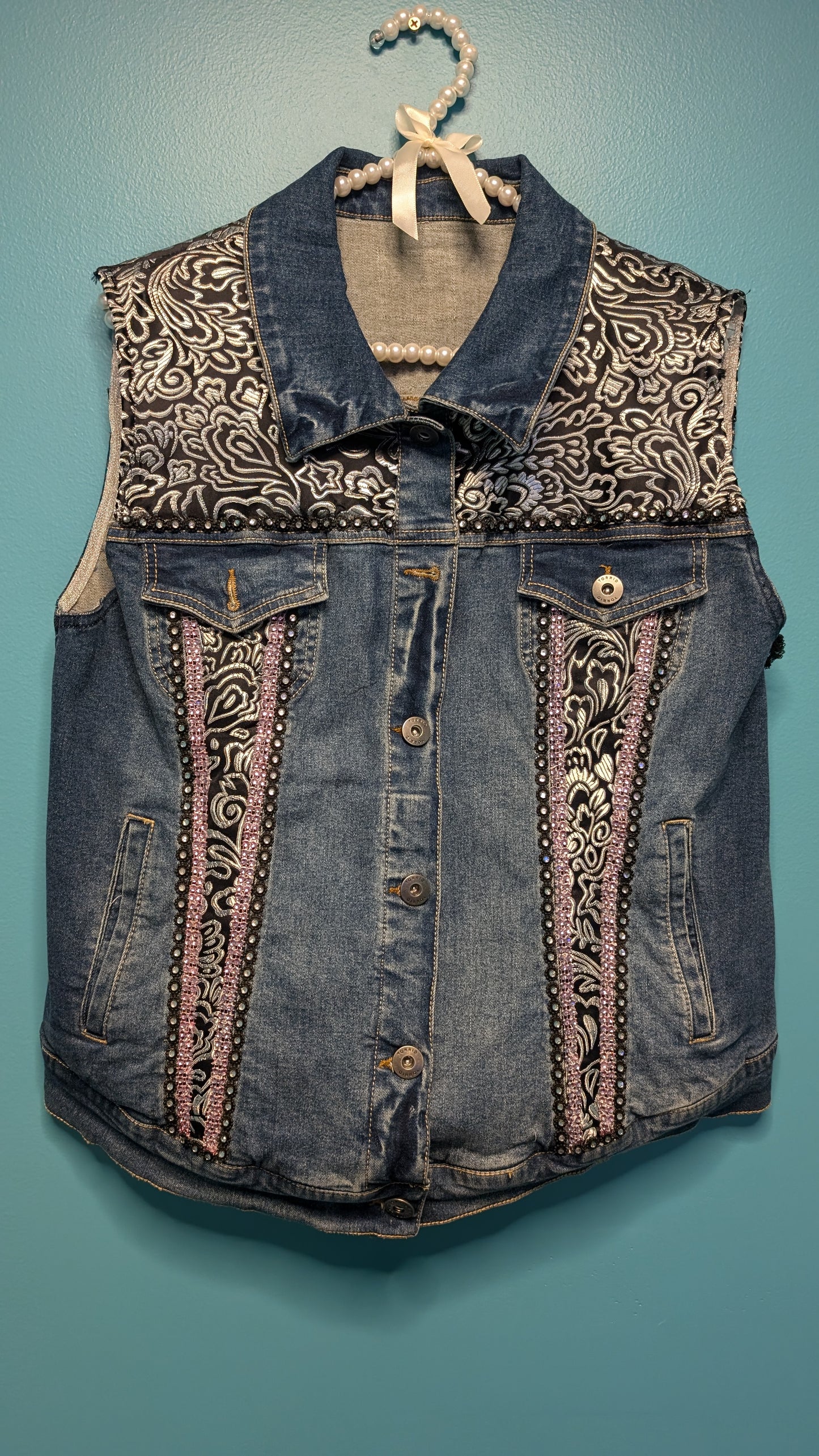 1018 Denim Vest with Black and Pink Accents - Bougie Denim Couture
