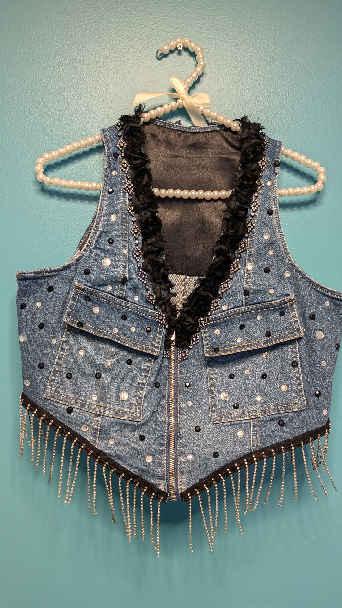 1017 Crop Vest with Black Lace - Bougie Denim Couture