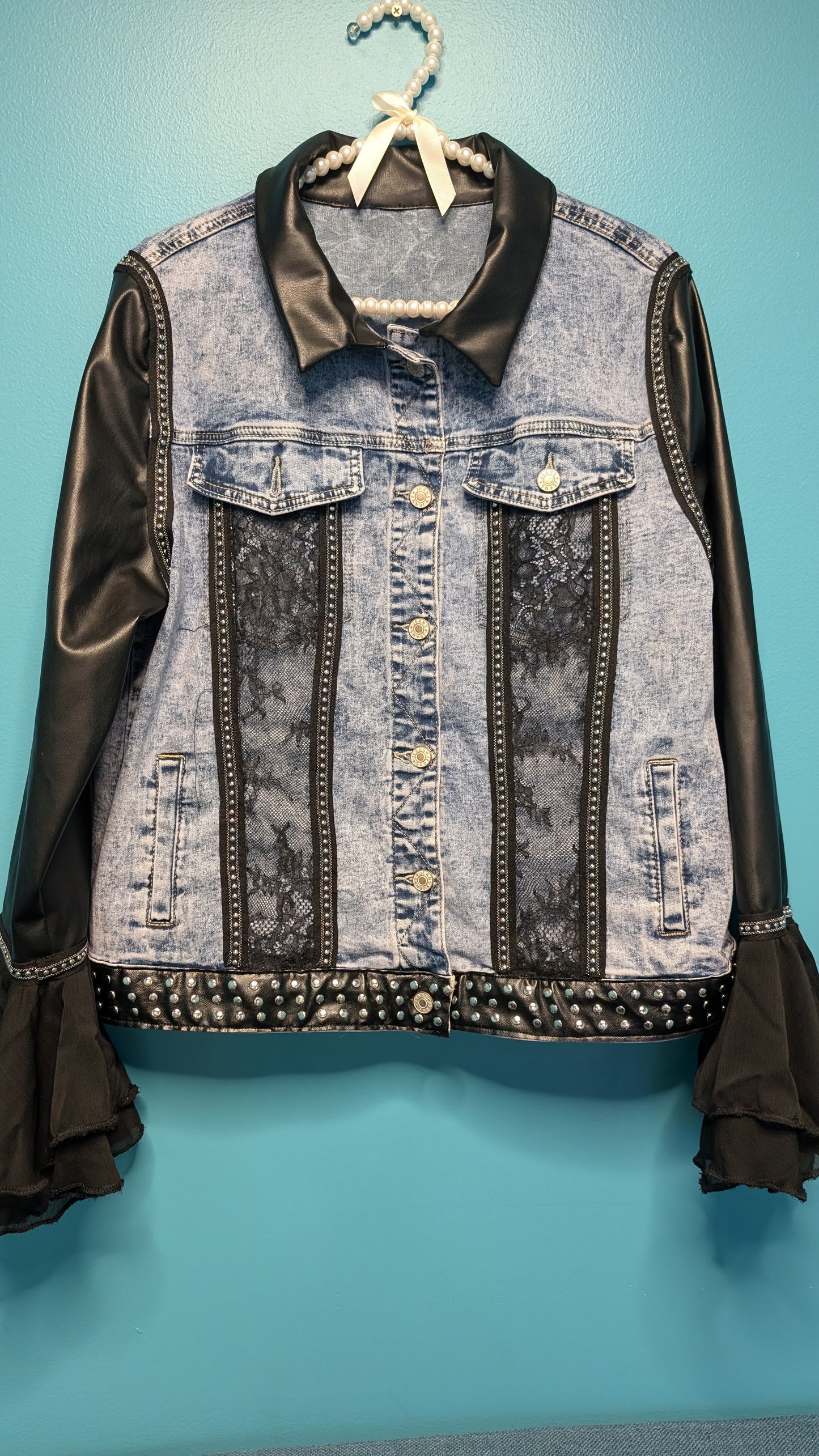 1016 Leather Sleeved Denim Jacket - Bougie Denim Couture