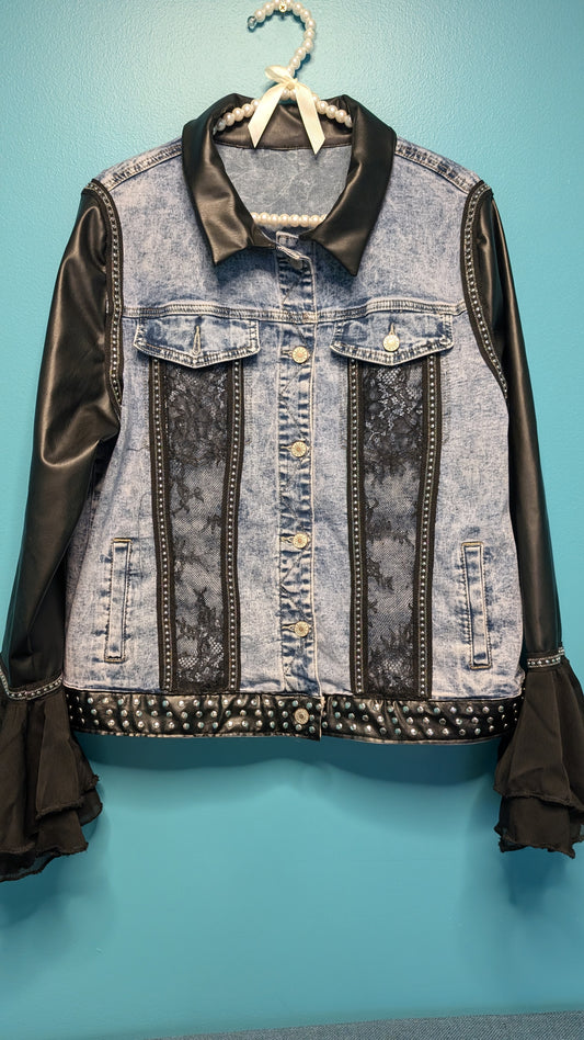 1016 Leather Sleeved Denim Jacket - Bougie Denim Couture
