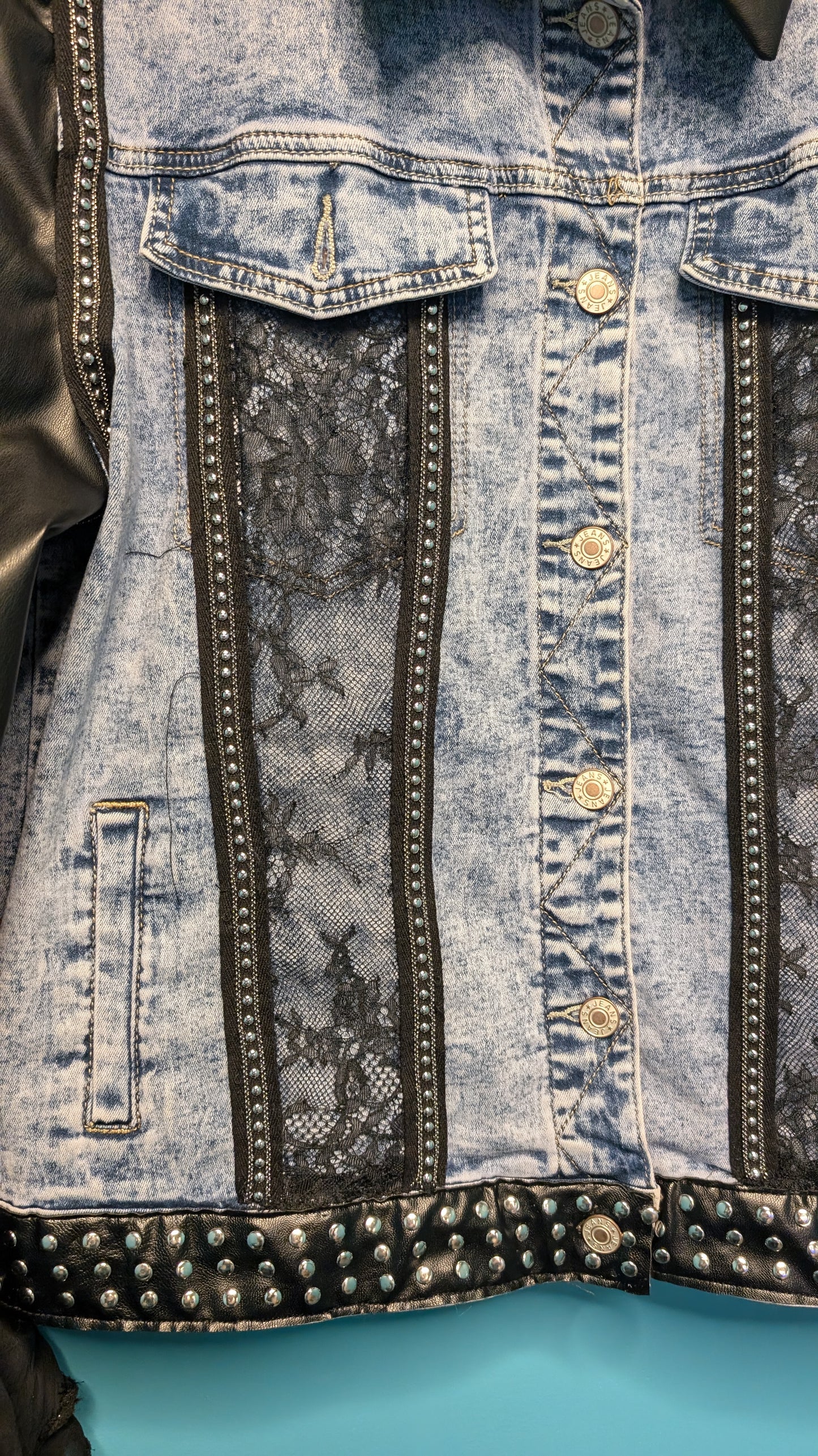 1016 Leather Sleeved Denim Jacket - Bougie Denim Couture