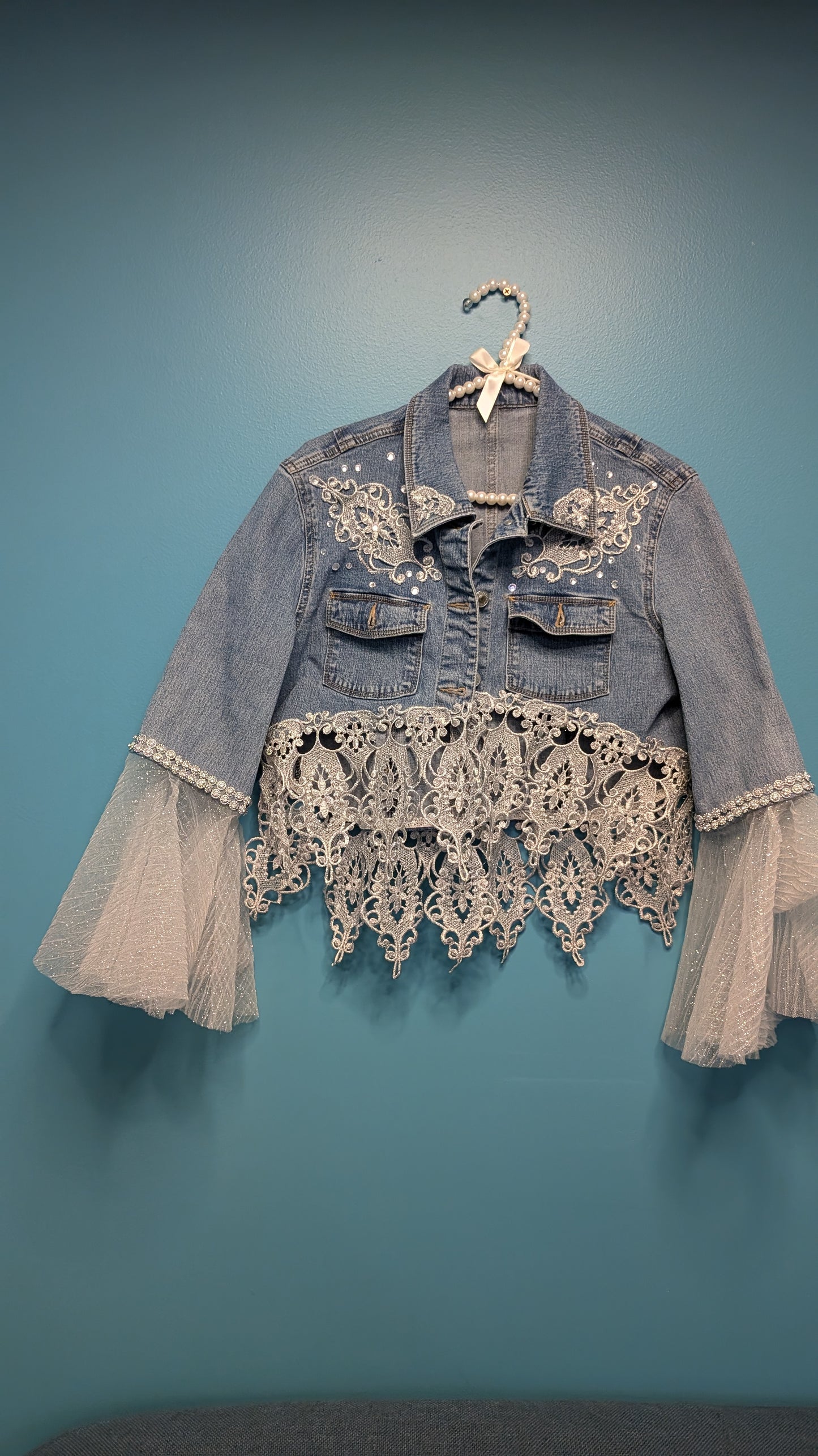 1014 Crop Denim Jacket with Silver Lace - Bougie Denim Couture