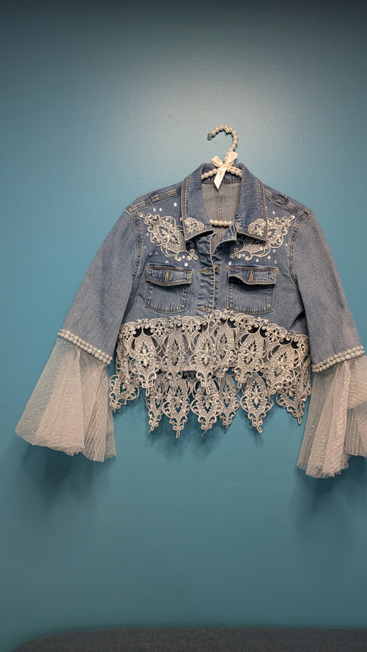 1014 Crop Denim Jacket with Silver Lace - Bougie Denim Couture