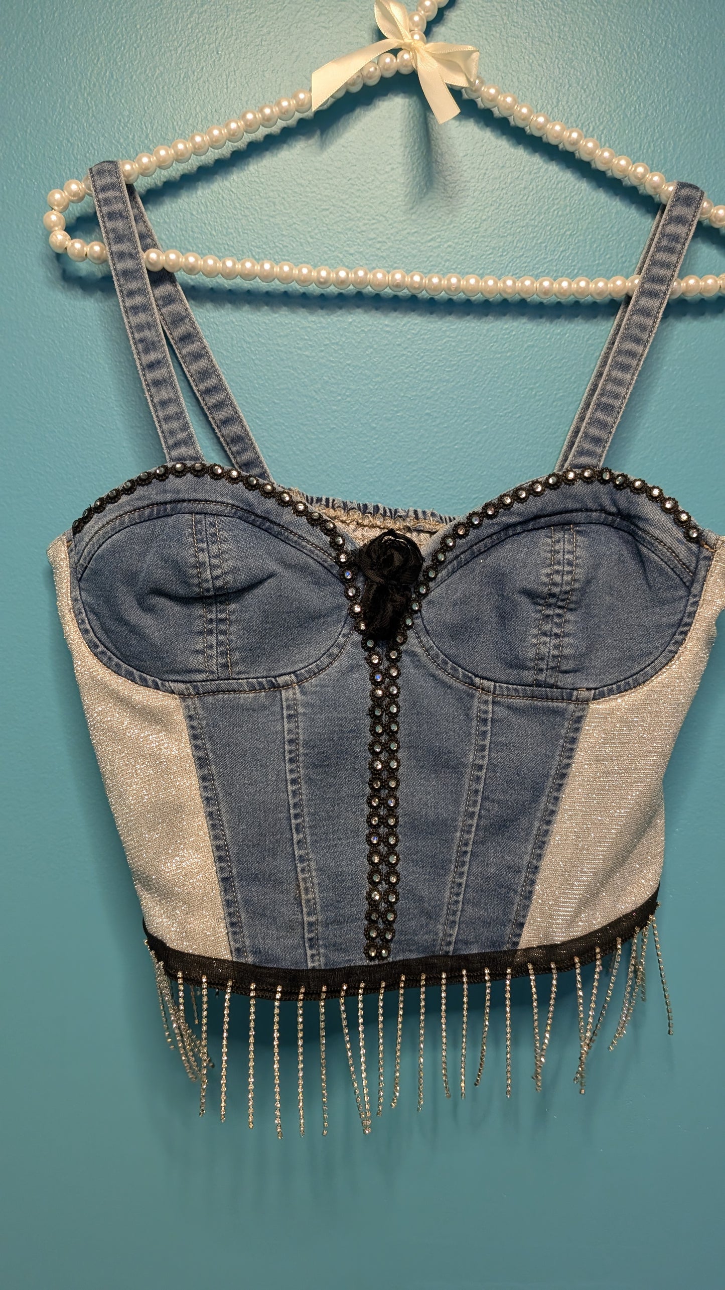 1013 Denim Crop Top with Black Rhinestone - Bougie Denim Couture