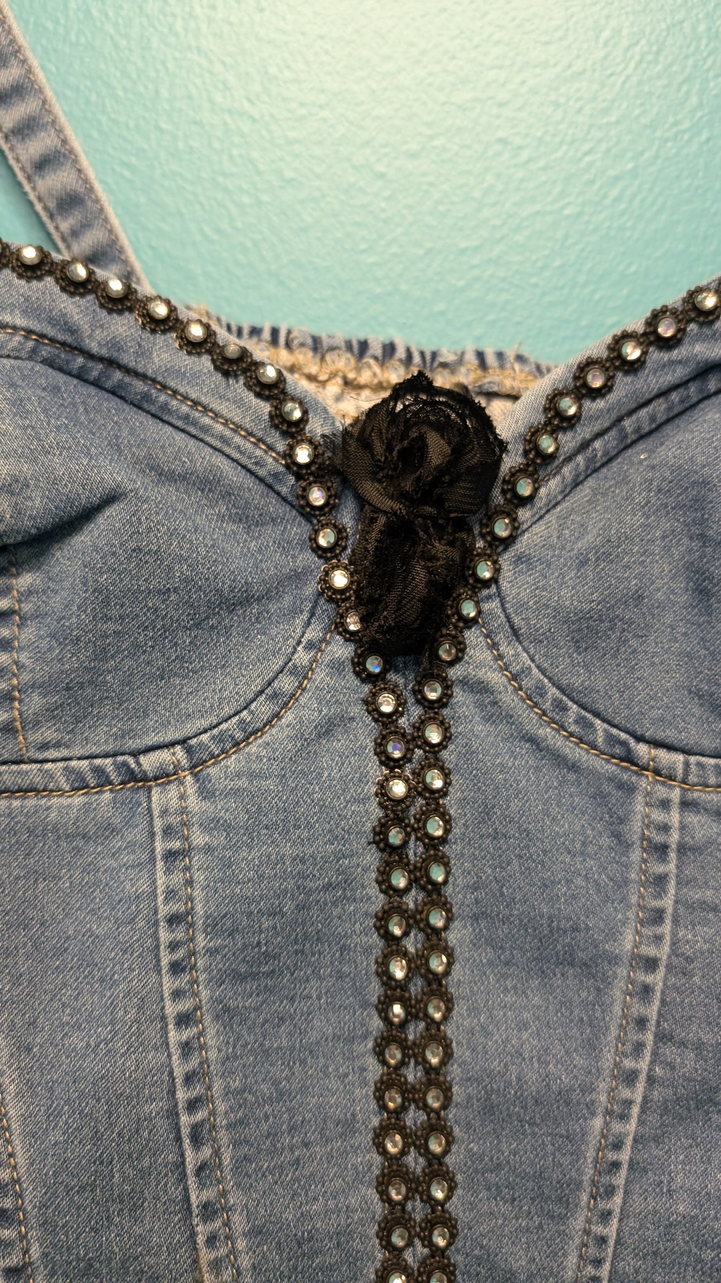1013 Denim Crop Top with Black Rhinestone - Bougie Denim Couture
