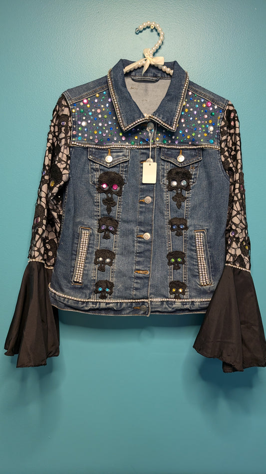 1004 Black Embroidered Skull Denim Jacket - Bougie Denim Couture