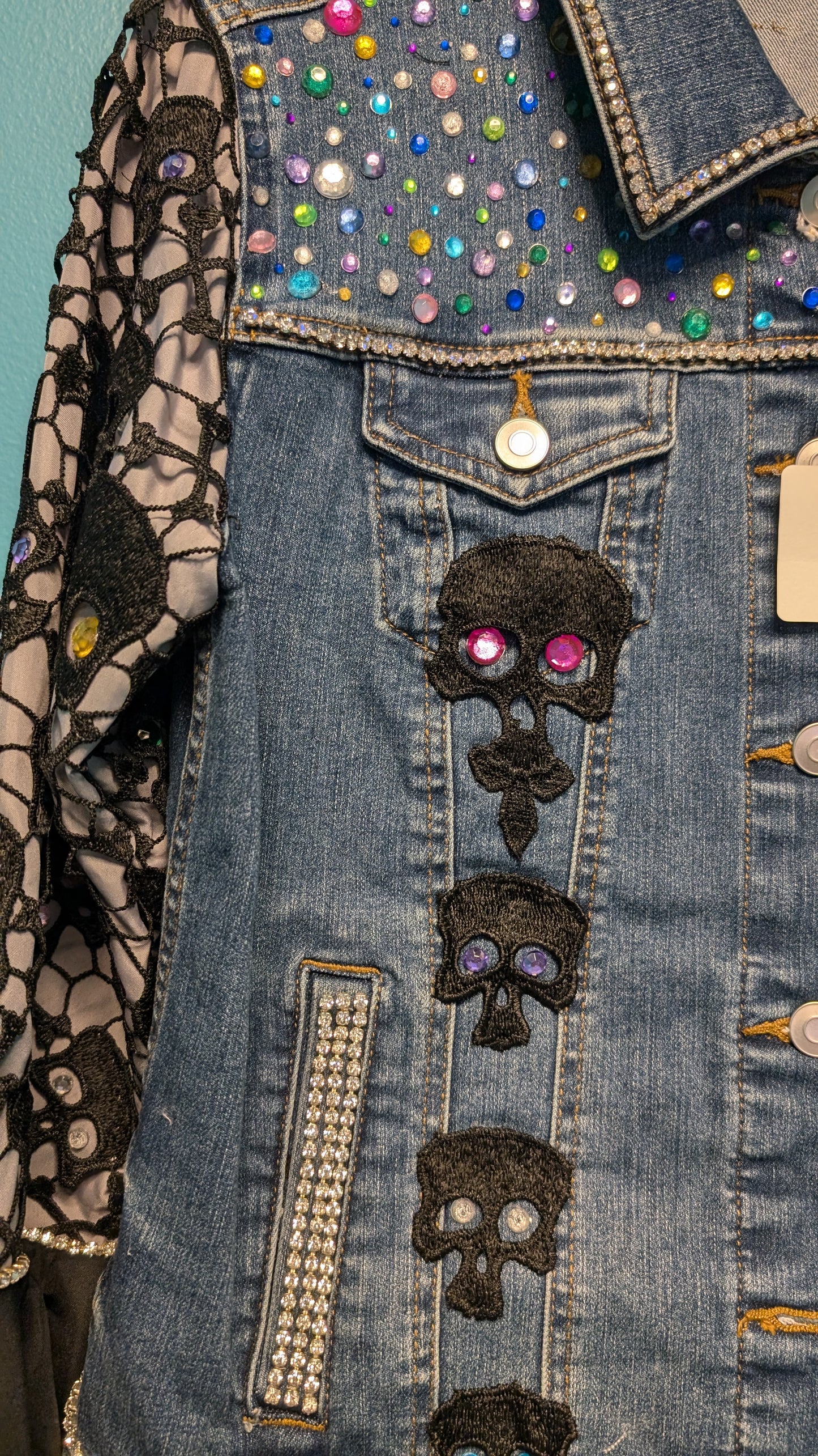 1004 Black Embroidered Skull Denim Jacket - Bougie Denim Couture