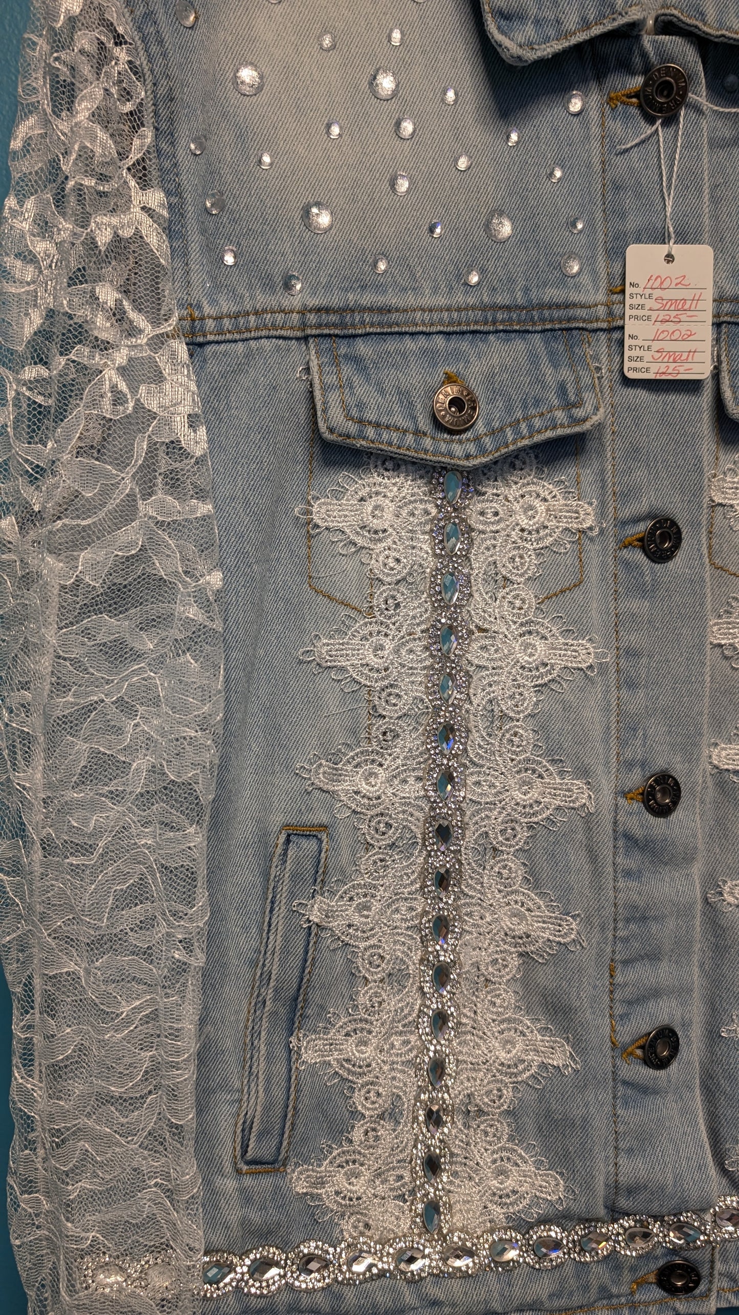 1002 White Washed Lace Sleeve Denim Jacket - Bougie Denim Couture