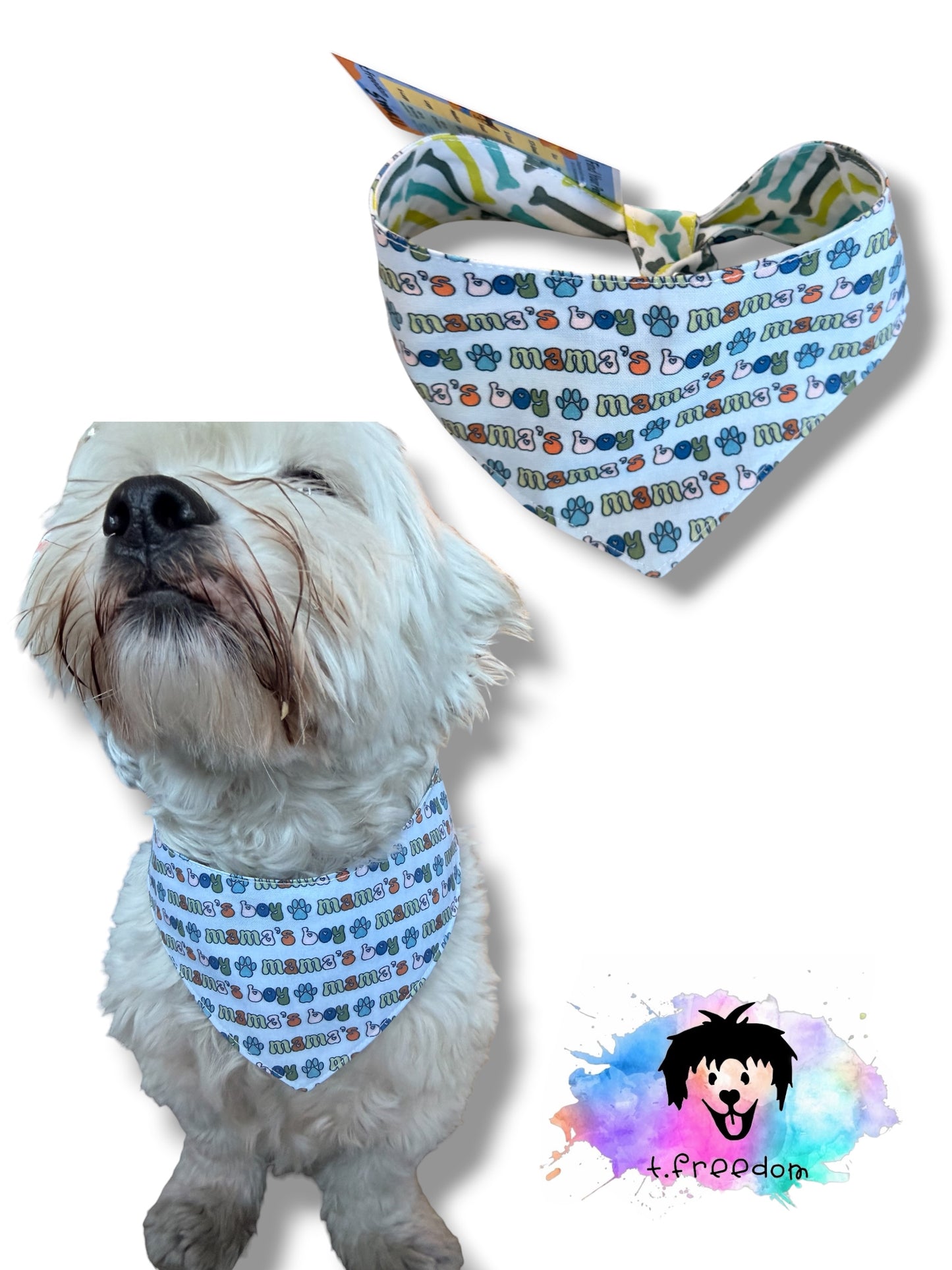 Mama’s boy multi-blue dog bandana -tfreedom