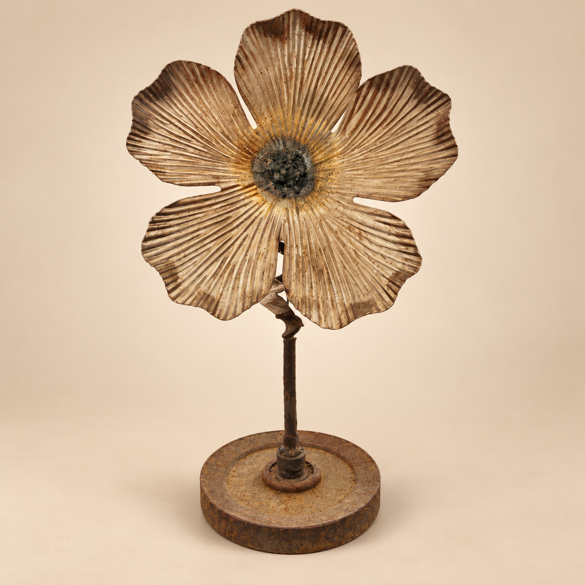 Radiant Sunburst Bloom, five-petaled repurposed metal flower sculpture with textured welded center
