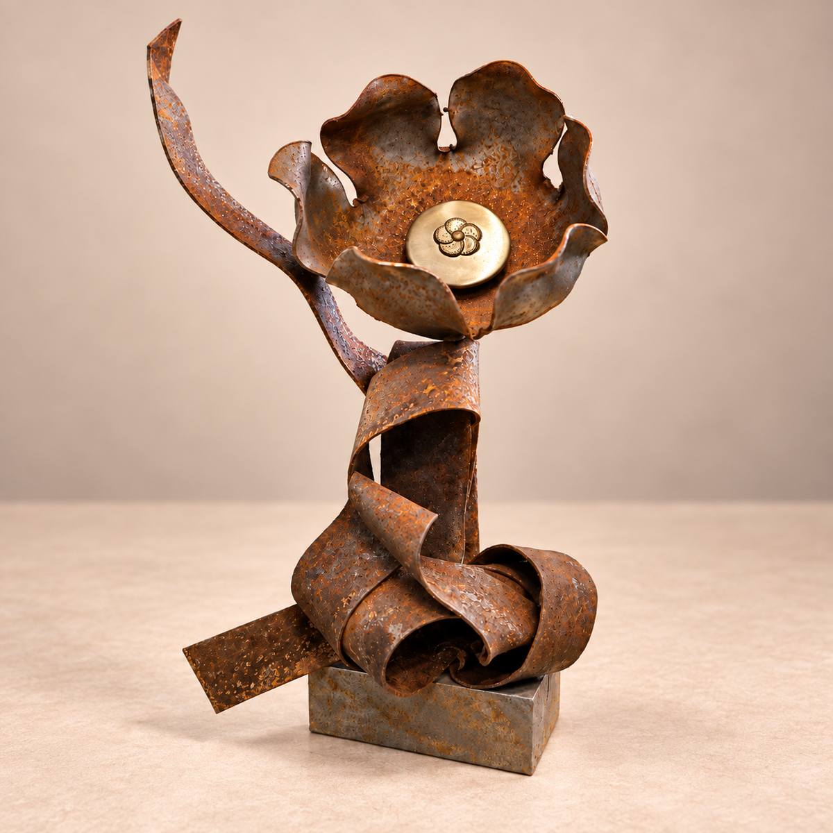 Reclaimed steel ribbon and vintage button flower sculpture, Ribbon Blossom