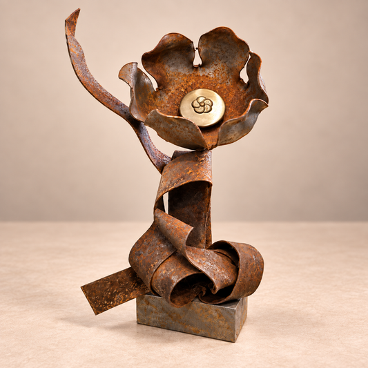 Reclaimed steel ribbon and vintage button flower sculpture, Ribbon Blossom
