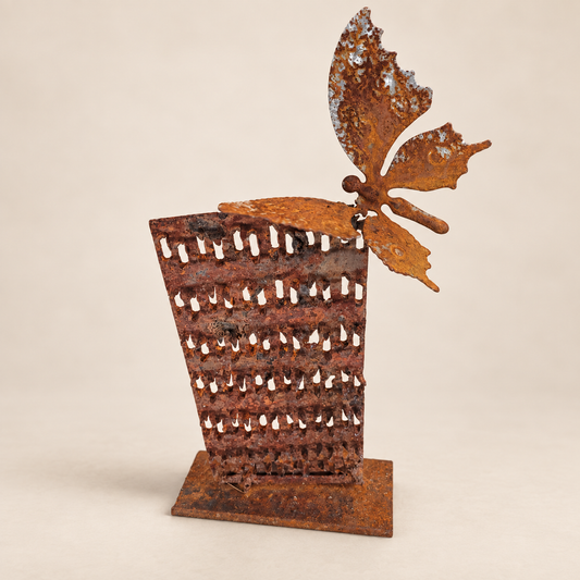 Rusted Monarch reclaimed steel butterfly sculpture