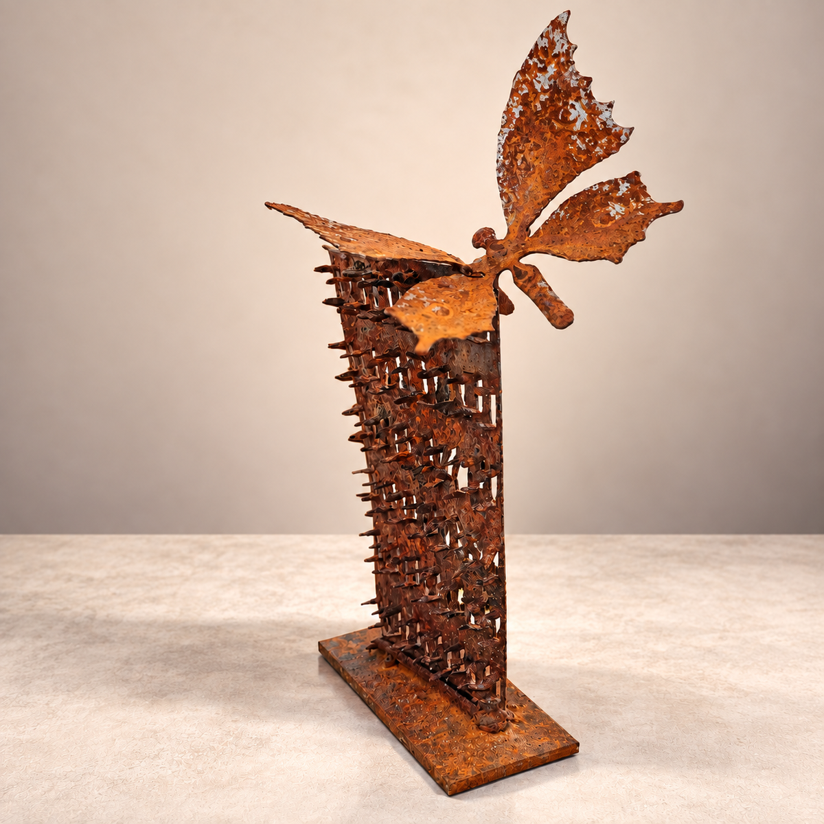 Rusted Monarch steel butterfly sculpture, alternate view