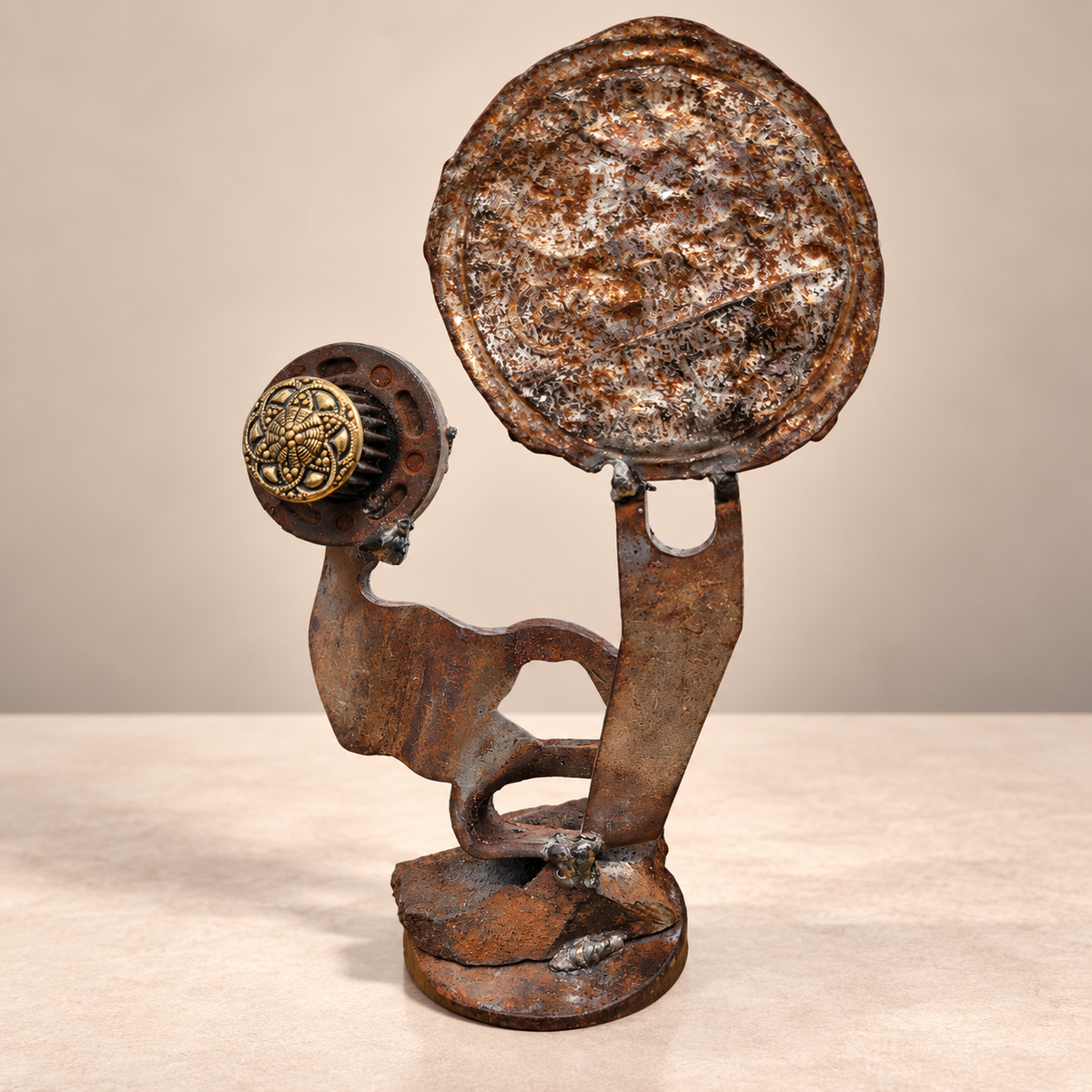 Solar Eclipse Bloom reclaimed metal disc and vintage button sculpture