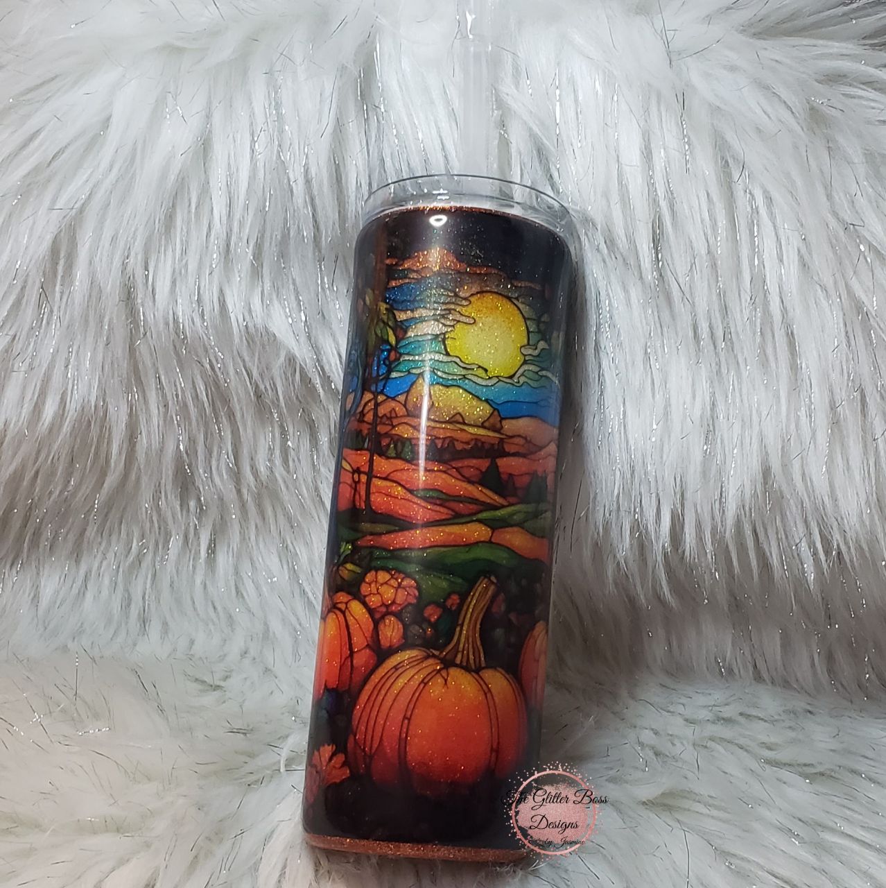 Stained Glass Pumpkin Patch w/ Mountains - 20 oz Skinny - Glitter Boss