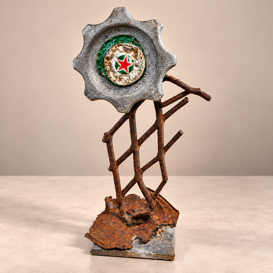 Stellar Industrial Bloom sculpture made from reclaimed gears and bottle caps