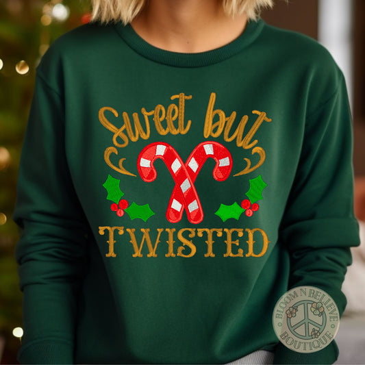 "Sweet but Twisted" Holiday CandyCane Embroidered Unisex Shirt - Bloom-N-Believe Boutique