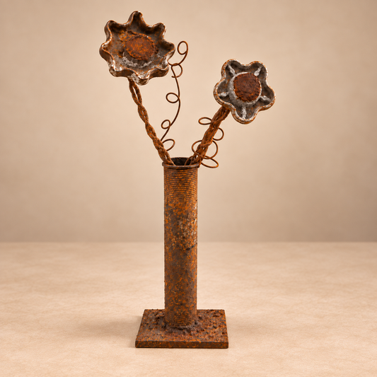 Twin Industrial Bouquet, two reclaimed handwheel blossoms with coiled wire stems in a steel pipe vase