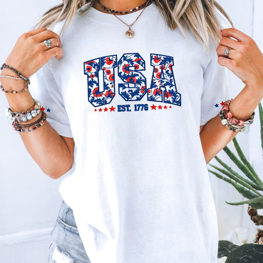 USA Floral Patriotic Embroidered Unisex Shirt - Bloom-N-Believe Boutique
