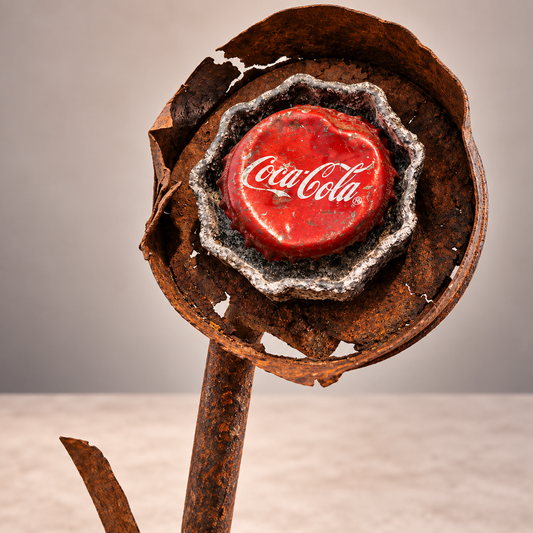 Vintage Americana Bloom sculpture made from a Coca-Cola bottle cap and steel bolt