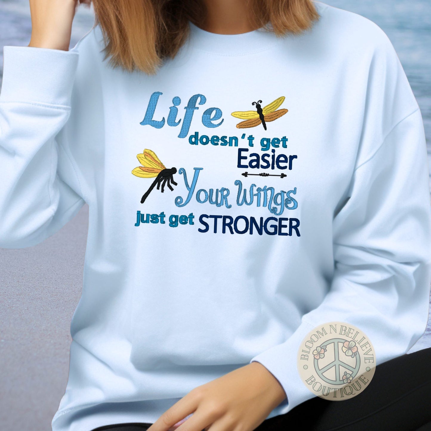 "Your Wings Get Stronger" Embroidered Unisex Shirt - Bloom-N-Believe Boutique