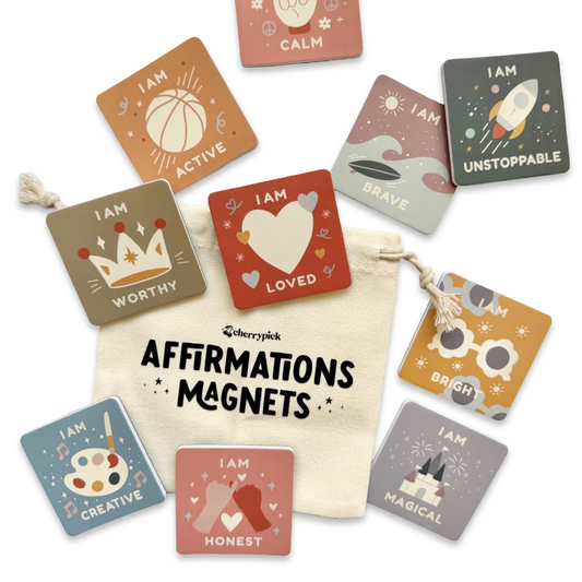 Set of affirmation magnets in a drawstring bag on a white background