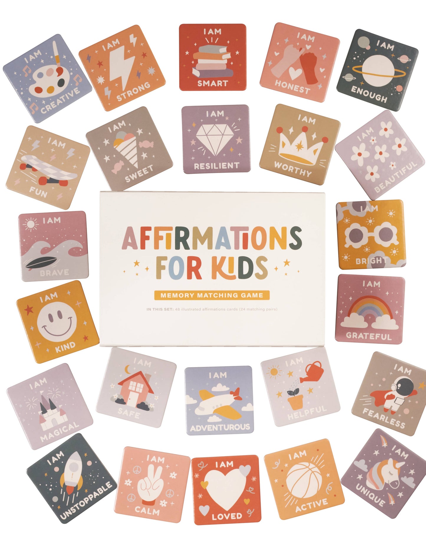 Memory matching game for kids with colorful cards and a central box labeled 'Affirmations for Kids'.