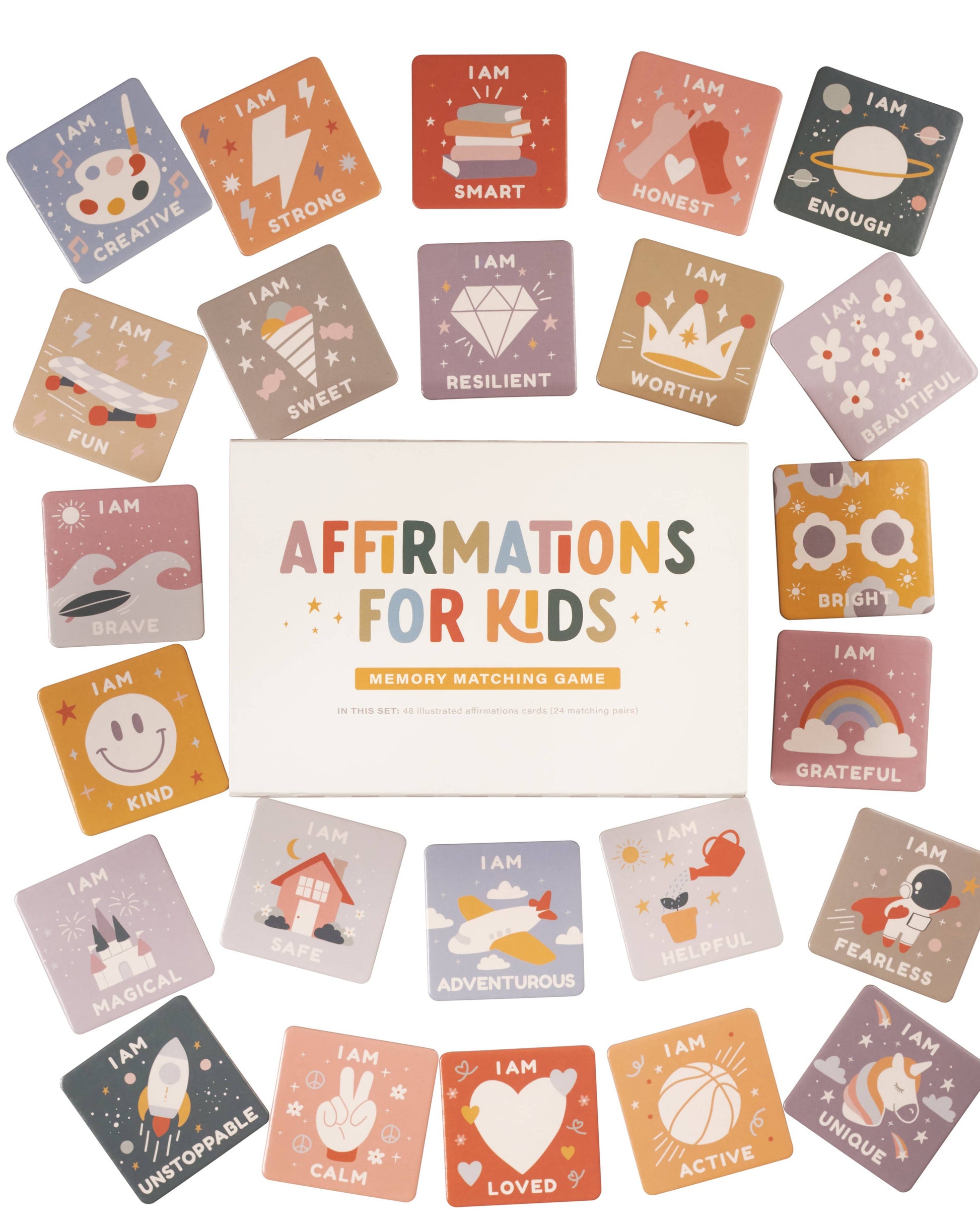 Memory matching game for kids with colorful cards and a central box labeled 'Affirmations for Kids'.