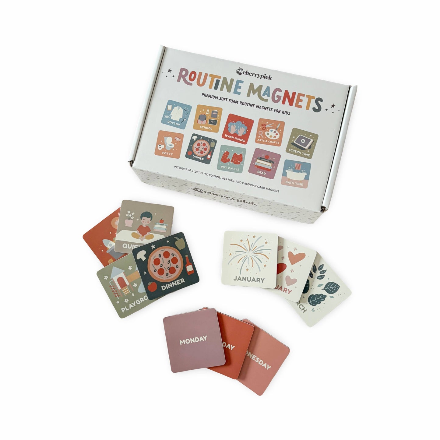 Routine magnets packaging with cards displayed on a white background
