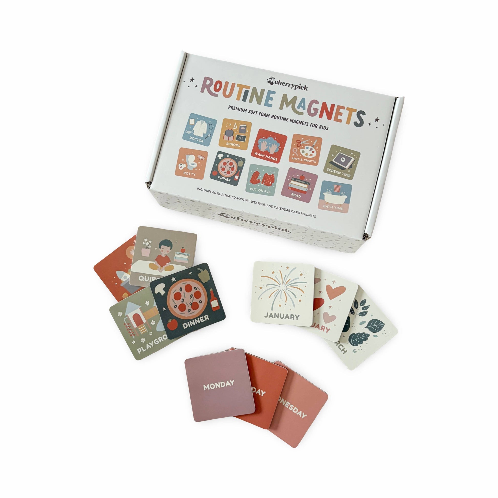 Routine magnets packaging with cards displayed on a white background