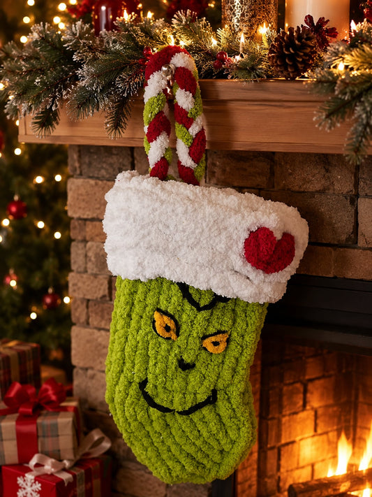 Hand-Knit Grinch-Inspired Grinch Chunky Christmas Stocking - We Customize Crafts