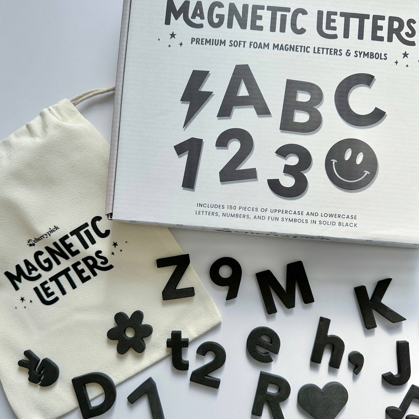 Leherrypick magnetic letters set with packaging and storage bag on a white background