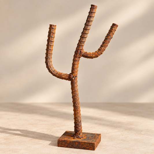 Reclaimed rebar saguaro cactus sculpture with natural rust patina, hand-welded onto a heavy square steel base 