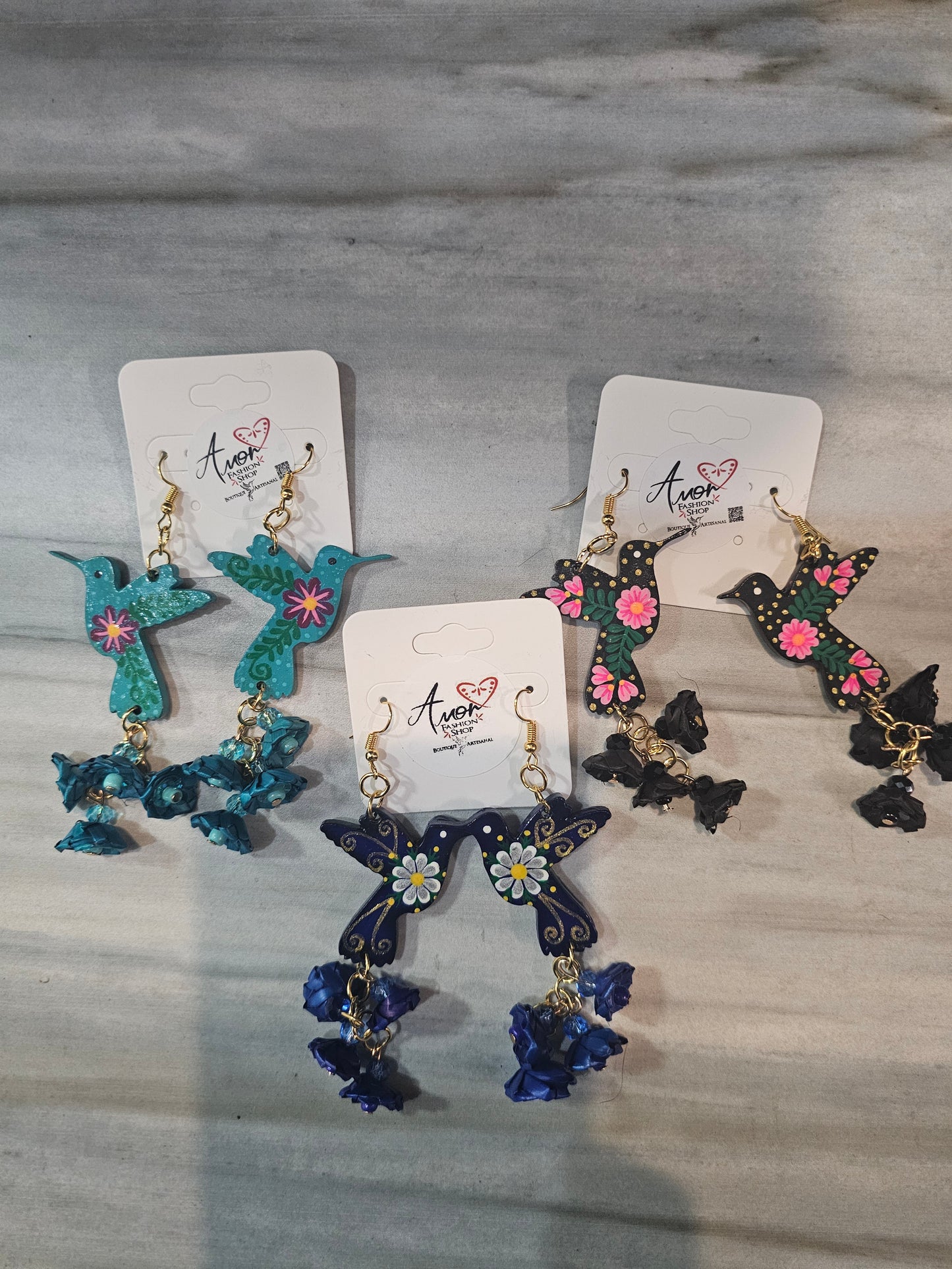 Earring Colibri in Wood Hand Painted Palm Flowers @amorfashionshop