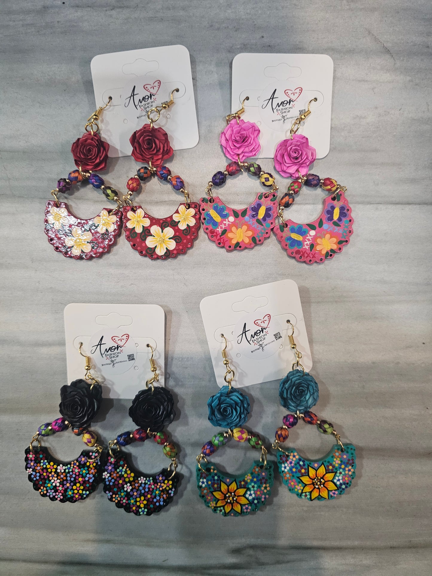 Earring Canasta Wood Hand Painted Palm Flowers @amorfashionshop