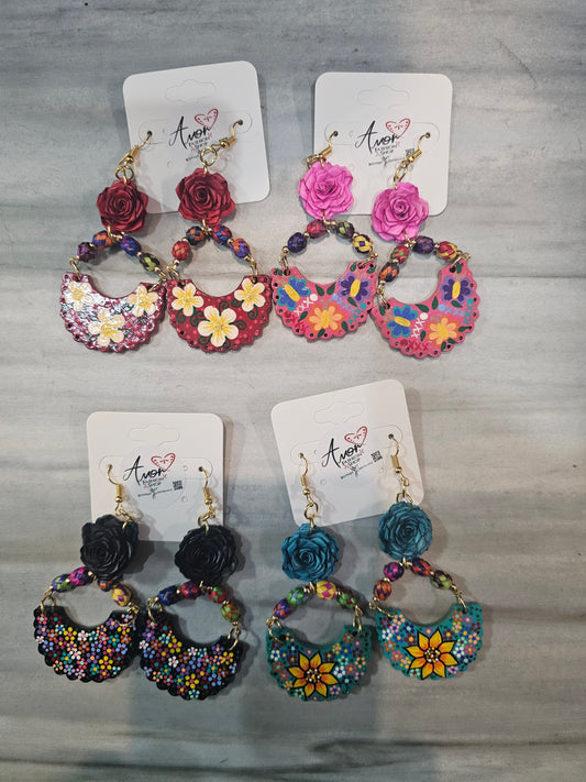 Earring Canasta Wood Hand Painted Palm Flowers @amorfashionshop