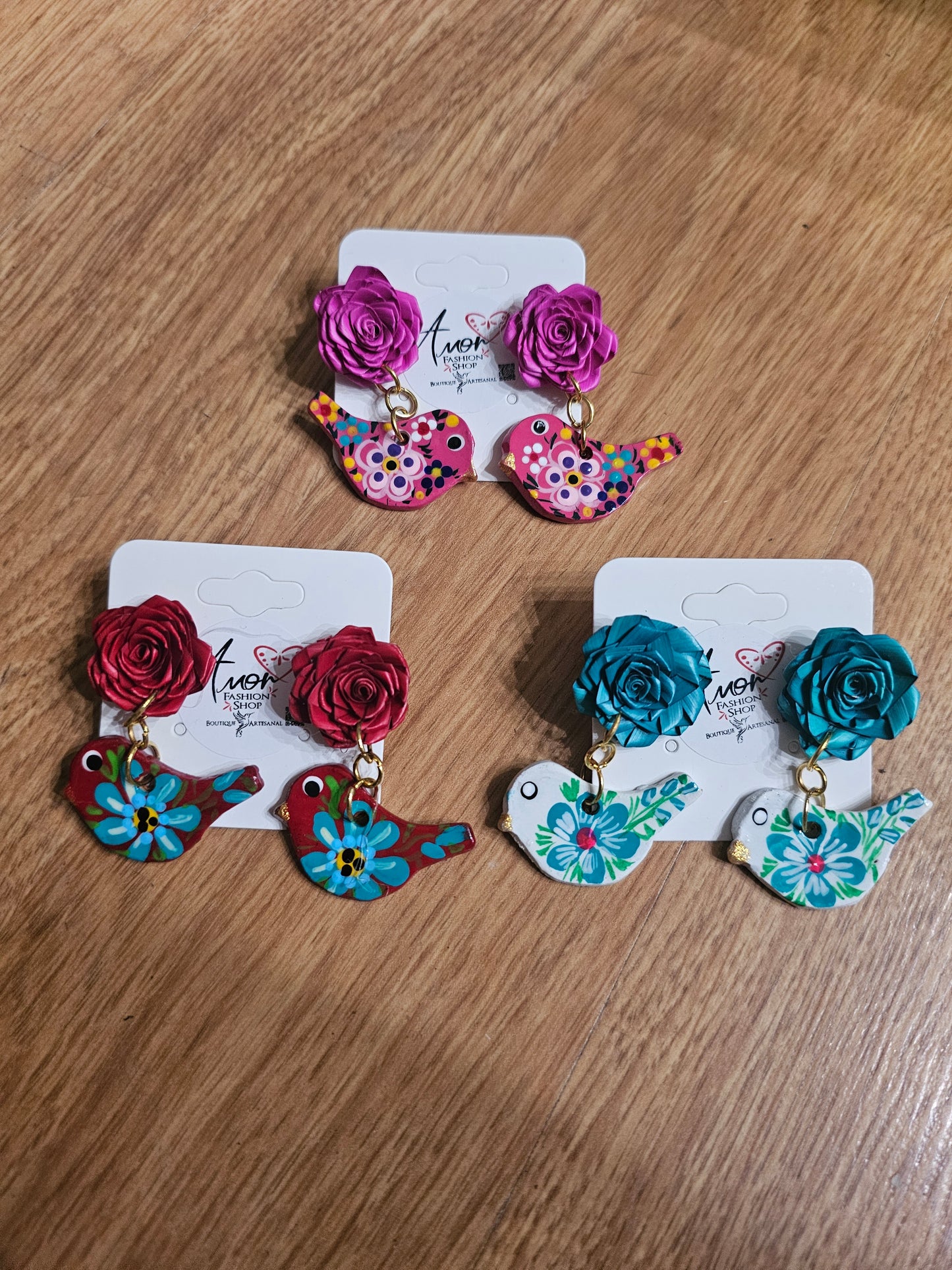 Earring Broqual Pajarito Wood Hand Painted Palm Flowers @amorfashionshop
